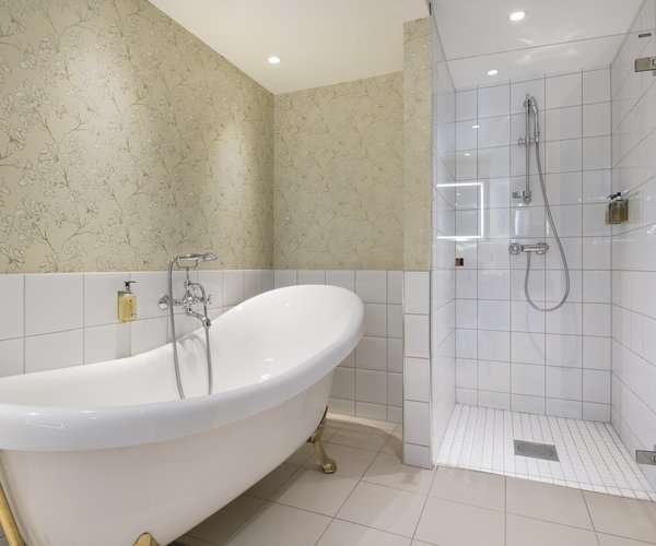 Free-standing bath with shower in the deluxe room