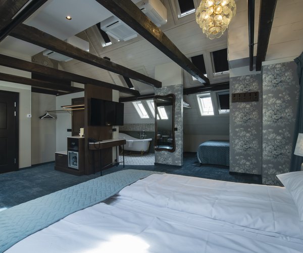 Open-plan suite with seating area and bath under the eaves